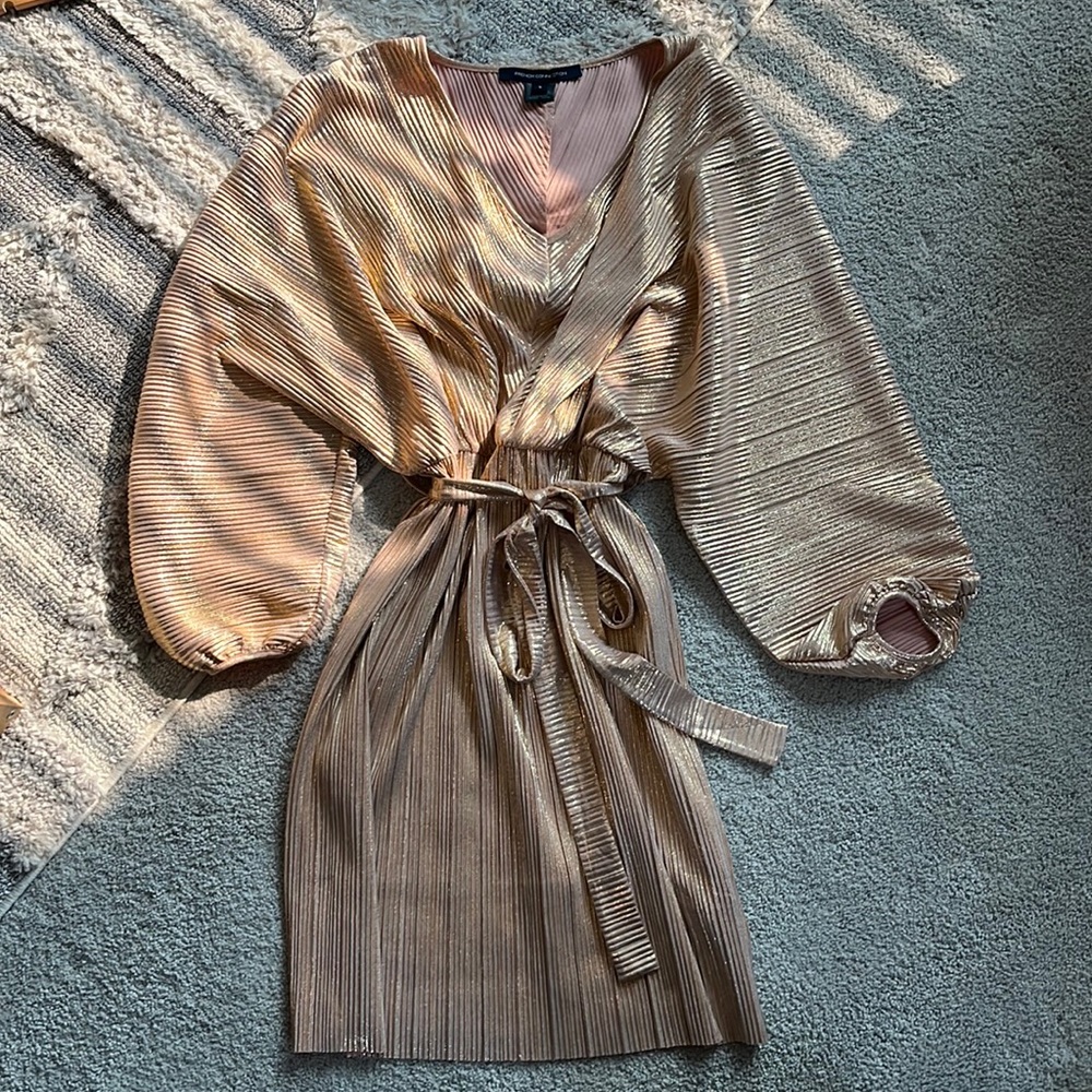 French Connection belted midi dress with balloon sleeves in rose gold shimmer